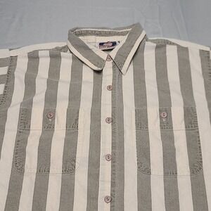 Shah Safari Shirt Mens Large Grey White Striped Short Sleeve Cotton Button Down‎